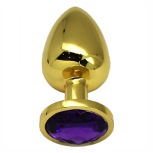 Металлическая анальная пробка с фиолетовым кристаллом, цвет золотой, PentHouse P3405M-04, длина 9.5 см.