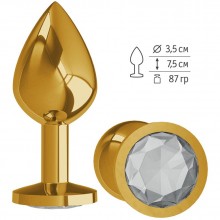 Анальная втулка «Gold» из металла с прозрачным кристаллом от компании Джага-Джага, цвет золотой, 520-01 WHITE-DD, длина 8.5 см.