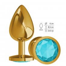 Анальная втулка «Gold» с голубым кристаллом от компании Джага-Джага, цвет серебристый, 530-05 AGUA-DD, длина 9.5 см.