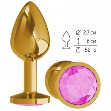 Металлическая анальная втулка «Gold» с розовым кристаллом, цвет золотой, Джага-Джага 510-06 PINK-DD, длина 7 см.