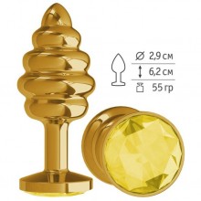 Ребристая анальная втулка «Gold Spiral» с желтым кристаллом, цвет золотой, Джага-Джага 512-11- YELLOW DD, из материала Металл, длина 6.2 см.