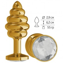 Анальная втулка «Gold Spiral» с прозрачным кристаллом от компании Джага-Джага, цвет золотой, 512-01 WHITE-DD, из материала Металл, коллекция Anal Jewelry Plug, длина 7 см.