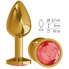 Анальная втулка «Gold» средняя с красным кристаллом от компании Джага-Джага, цвет золотой, 510-04 RD DD, коллекция Anal Jewelry Plug, длина 7 см.