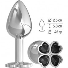 Небольшая анальная втулка «Silver - Клевер» с черным кристаллом, цвет серебристый, Джага-Джага 509-09 BLACK-DD, из материала Металл, длина 5.8 см.