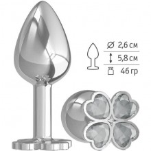 Небольшая анальная втулка «Silver - Клевер» с прозрачным кристаллом, цвет серебристый, Джага-Джага 509-01 WHITE-DD, из материала Металл, длина 5.8 см.