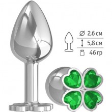 Малая анальная пробка из металла «Клевер» с зеленым кристаллом, цвет серебристый, Джага-Джага 509-03 GREEN-DD, длина 5.8 см.