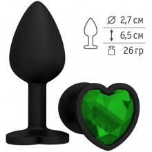 Анальная втулка из силикона черная с зеленым стразом-сердечком, Джага-Джага 508-03 GREEN-DD, цвет Зеленый, длина 7.3 см.