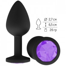 Анальная втулка силиконовая с фиолетовым кристаллом от компании Джага-Джага, цвет черный, 518-08 PURPLE-DD, коллекция Anal Jewelry Plug, длина 7.3 см.