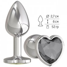 Анальная втулка «Silver» с черным кристаллом в форме сердца от компании Джага-Джага, цвет серебристый, 514-09 BL DD, из материала Металл, длина 6 см.