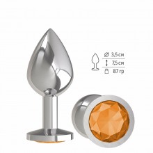 Анальная втулка «Silver» с оранжевым кристаллом от компании Джага-Джага, цвет серебристый, 523-10 ORANGE-DD, из материала Металл, коллекция Anal Jewelry Plug, длина 8.5 см.