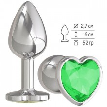 Маленькая серебристая анальная с зеленым кристаллом в форме сердечка, длина 7 см, диаметр 2.7 см, Джага-Джага 514-03 GREEN-DD, из материала Металл, длина 7 см.