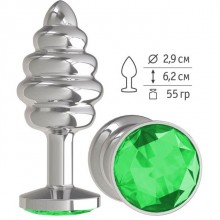 Анальная втулка «Silver Spiral» с зеленым кристаллом от компании Джага-Джага, цвет серебристый, 515-03 GN DD, коллекция Anal Jewelry Plug, длина 7 см.
