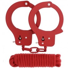Классические наручники из листового металла в комплекте с веревкой «Bondx Metal Cuffs Love Rope Set», цвет красный, Dream Toys 20868, 3 м.