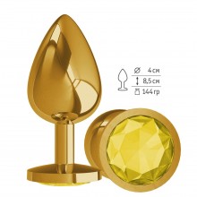 Металлическая анальная втулка «Gold» с желтым кристаллом, цвет золотой, Джага-Джага 530-11 YELLOW-DD, коллекция Anal Jewelry Plug, длина 9.5 см.