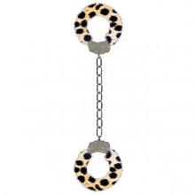 Серебристые металлические оковы для щиколоток с мехом леопардового цвета «Furry Ankle Cuffs», Shots Media SHT363CTH, длина 62 см.
