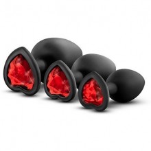 Набор черных анальных пробок с красным кристаллом-сердечком «Bling Plugs Training Kit», Blush novelties BL-395825, цвет Черный, длина 9.5 см.