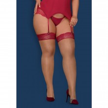 Оригинальные телесные чулки «Rosalyne» с малиновой кружевной отделкой, размер XXL, Obsessive Rosalyne stockings, цвет Телесный