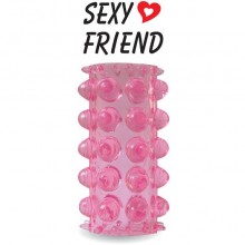 Открытая насадка «Stretchy Sleeve» с шариками, цвет розовый, Sexy Friend SF-70184, из материала TPR, длина 6.4 см.