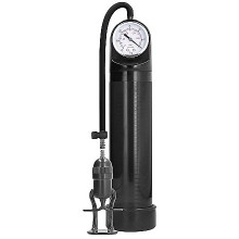 Вакуумная помпа для мужчин с ручным насосом в виде поршня и манометром «Elite Pump With Advanced PSI Gauge», черная, Shots Media PMP007BLK, из материала Пластик АБС, длина 30 см.
