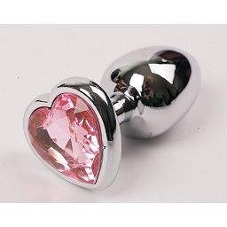 Серебристая анальная пробка с розовым стразиком-сердечком, длина 9 см, 47140-2MM, из материала Металл, цвет Серебристый, длина 9 см.
