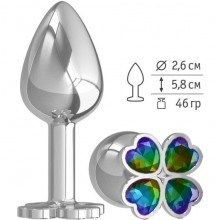 Небольшая анальная втулка «Silver - Клевер» с разноцветным кристаллом, цвет серебристый, Джага-Джага 509-14 multicolored-DD, длина 5.8 см.