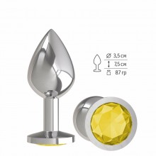 Анальная втулка из металла «Silver» с желтым кристаллом, цвет серебристый, Джага-Джага 523-11 yellow-DD, длина 8.5 см.