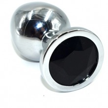Средняя серебряная анальная пробка с черным кристаллом, Kanikule AP-AL001-MB, из материала Металл, цвет Черный, длина 8.5 см.