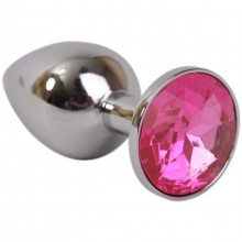 Серебряная металлическая анальная пробка с розовым стразиком, длина 7.6 см, 4sexdream 47021, коллекция Anal Jewelry Plug, цвет Розовый, длина 7.6 см.