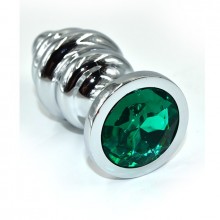 Средняя серебряная ребристая анальная пробка с темно-зеленым кристаллом, Kanikule AP-AL003-MDG, из материала Металл, цвет Зеленый, длина 8.8 см.