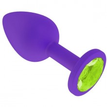 Силиконовая анальная втулка с салатовым кристаллом, цвет фиолетовый, Джага-Джага 519-12 LIME-DD, цвет Серебристый, длина 6.5 см.