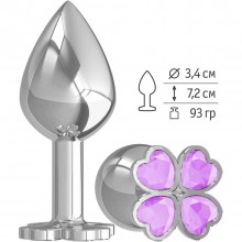 Металлическая средняя анальная втулка с клевером из сиреневых кристаллов, цвет серебристый, Джага-Джага 529-13 lilac-DD, длина 7.2 см.