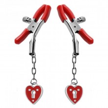 Зажимы на соски с подвесками-замок сердечко «Master Series Captive Heart Padlock Nipple Clamp», цвет красный, XR Brands AE203, длина 10.2 см.