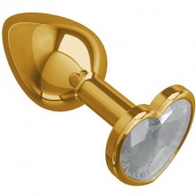 Анальная втулка «Gold» с прозрачным кристаллом-сердцем от компании Джага-Джагаа, цвет золотой, 511-01 white-DD, длина 7 см., со скидкой