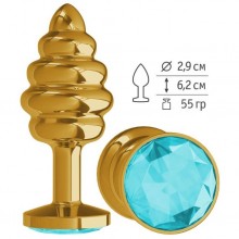 Анальная втулка «Gold Spiral» с голубым кристаллом от компании Джага-Джага, цвет золотой, 512-05 aqua-DD, из материала Металл, длина 7 см.