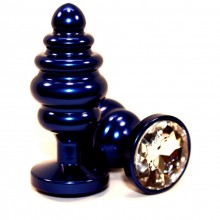 Ребристая анальная втулка с прозрачным стразом от компании 4sexdream, цвет синий, 47428-4MM, коллекция Anal Jewelry Plug, длина 7.3 см.