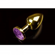 Маленькая металлическая анальная пробка с круглым кончиком и фиолетовым кристаллом от компании Пикантные Штучки, цвет золотой, DPRSG252PUR, коллекция Anal Jewelry Plug, длина 7 см.
