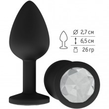 Силиконовая анальная втулка с прозрачным кристаллом, цвет черный, Джага-Джага 518-01 white-DD, коллекция Anal Jewelry Plug, длина 6.5 см.