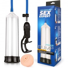 Вакуумная помпа для мужчин с поршнем и двумя насадками, цвет прозрачный, Sex Expert SEM-55163, из материала Пластик АБС, длина 20 см.