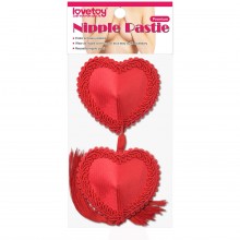 Пестисы в форме сердечек с кисточками и плетеной окантовкой «Nipple Pasties», красные, LoveToy LV763011, из материала Полиэстер, со скидкой