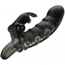 Насадка с подхватом мошонки, вибрацией и стимулятором клитора «Penis Sleeve», цвет черный, Baile BI-026239, длина 19.2 см., со скидкой