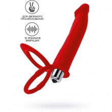 Вибронасадка на пенис для двойного проникновения «Double Penetration Vibrating Cock Ring», цвет красный, силикон, ToyFa 901412-9, длина 19 см., со скидкой