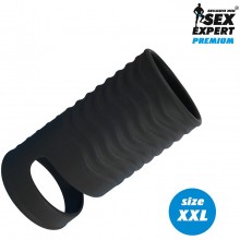 Открытая насадка на пенис «XXL-size» с кольцом для мошонки, цвет черный, Sex Expert sem-55227, длина 9.4 см., со скидкой