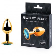 Маленькая металлическая анальная пробка «Golden Plug Small», цвет кристалла голубой, Anal Jewelry Plug GS-05, длина 7.2 см., со скидкой
