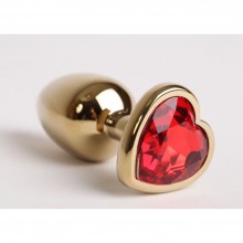 Металлическая анальная пробка золотого цвета с сердечком, красный страз, 47189-1-MM, бренд Luxurious Tail, длина 8 см.