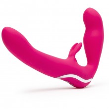 Безремневой страпон с клиторальным стимулятором «Rechargeable Vibrating Strapless Strap-On», цвет розовый, Happy Rabbit 74311, длина 12.7 см.