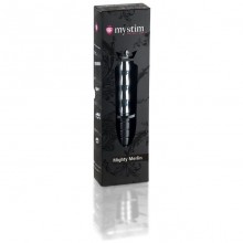 Металлический электростимулятор-фалоимитатор «Mighty Merlin» с ручкой, рабочая длина 17 см, Mystim 46160, цвет Серебристый, длина 28 см.