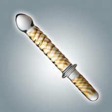 Стеклянный фаллоимитатор с ручкой и золотистым узором, цвет прозрачный, Джага-Джага 0055 BX DD, из материала Стекло, длина 23 см.