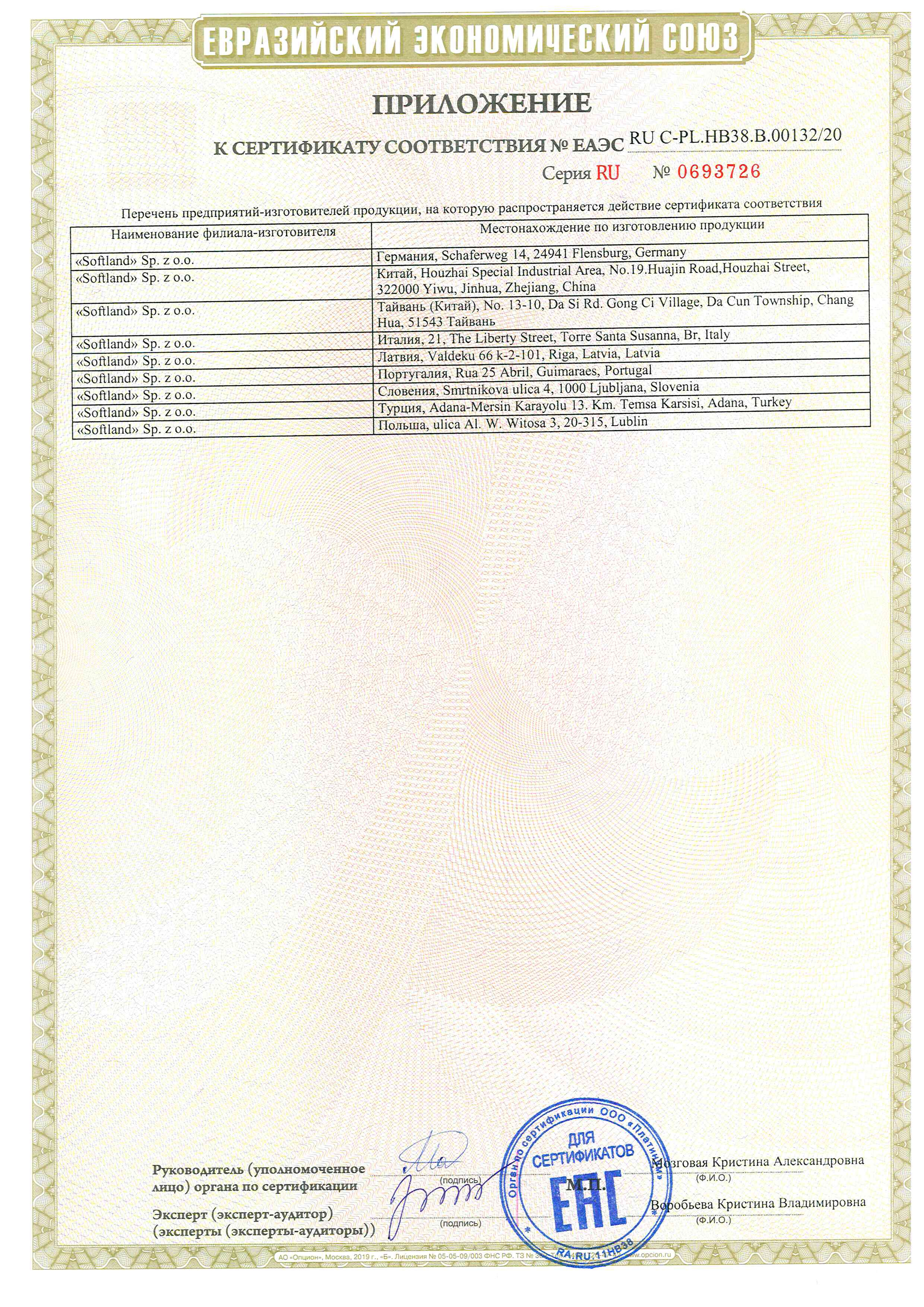 Сертификат соответствия №ЕАЭС RU С-PL.НВ38.В.00132/20