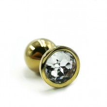 Анальная пробка из алюминия с прозрачным стразом, цвет золотой, Kanikule KL-AL006SG, длина 6 см.