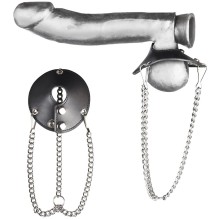 Утяжка для мошонки из искусственной кожи с цепочками «Parachute Ball Stretcher» от компании BLueLine, цвет черный, BLM1726